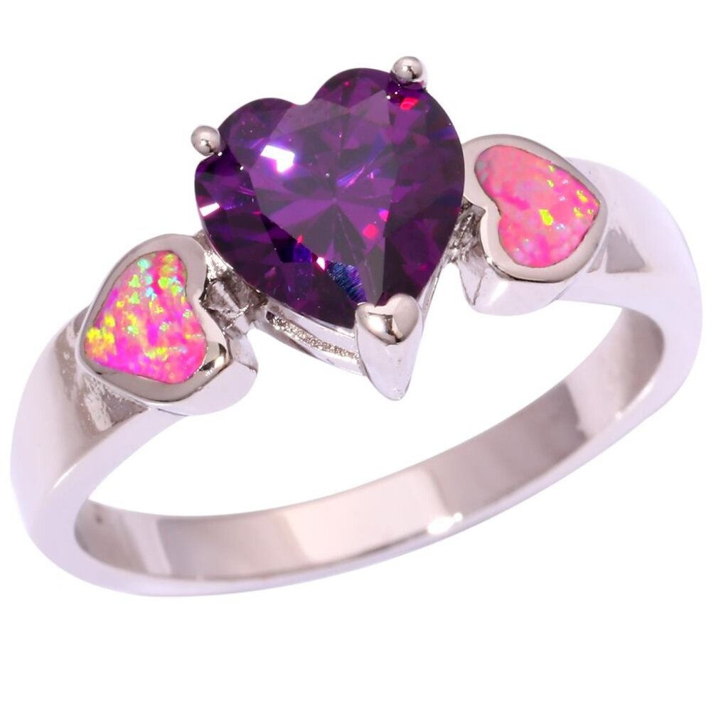 New - Amethyst and Pink Fire Opal Hearts Ring - Size 7